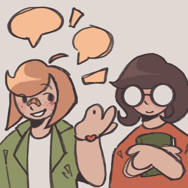 A doodle of Peppermint Patty talking to Marcie from Peanuts.