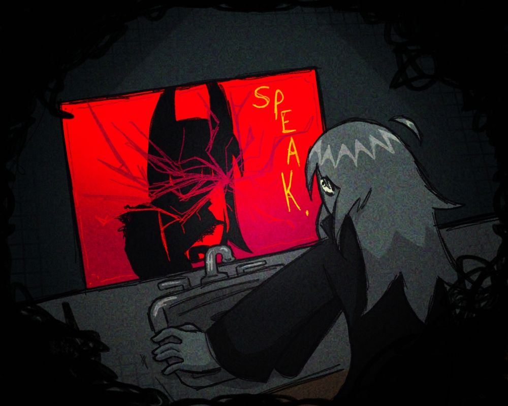 An image of a hatless Guest looking into a cracked and glowing red mirror. The reflection is distorted to look like Guest 666.
"SPEAK."
