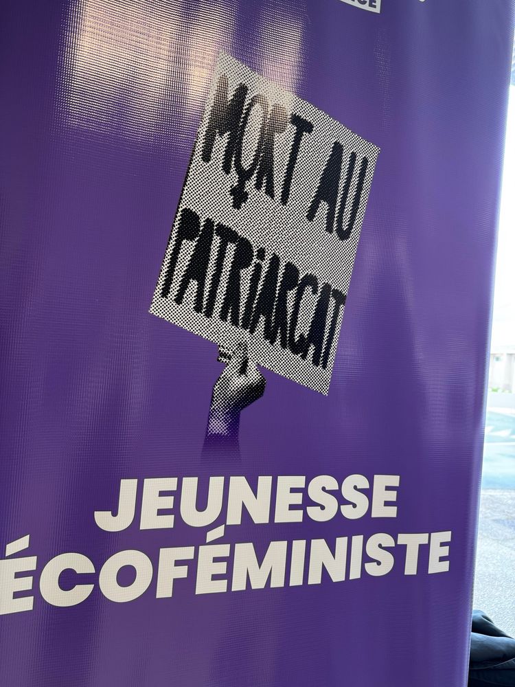 Banderole jeunes ecolos île de france « jeunesse Ecoféministe » « Mort au patriarcat »