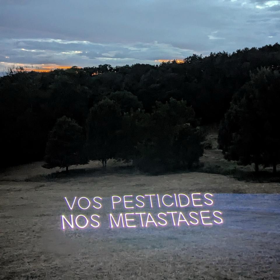 Projection lumineuse sur un champ « vos pesticides, nos métastases »