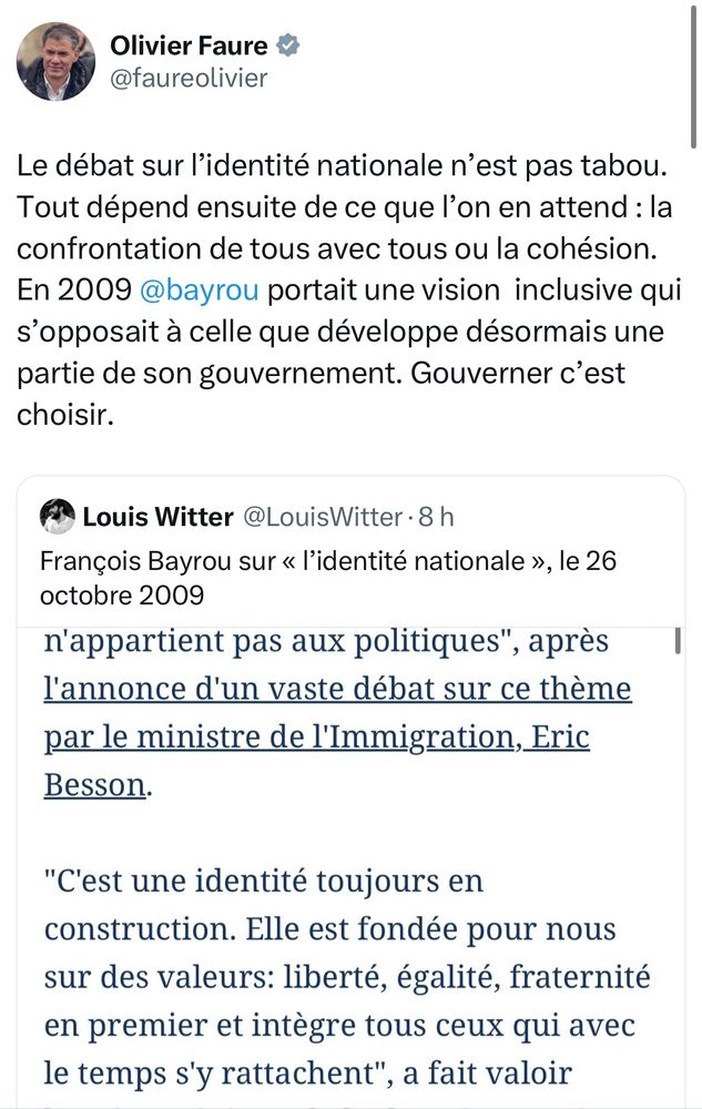 Twitt d’Olivier Faure disant que le débat sur l’identité nationale n’est pas tabou. 