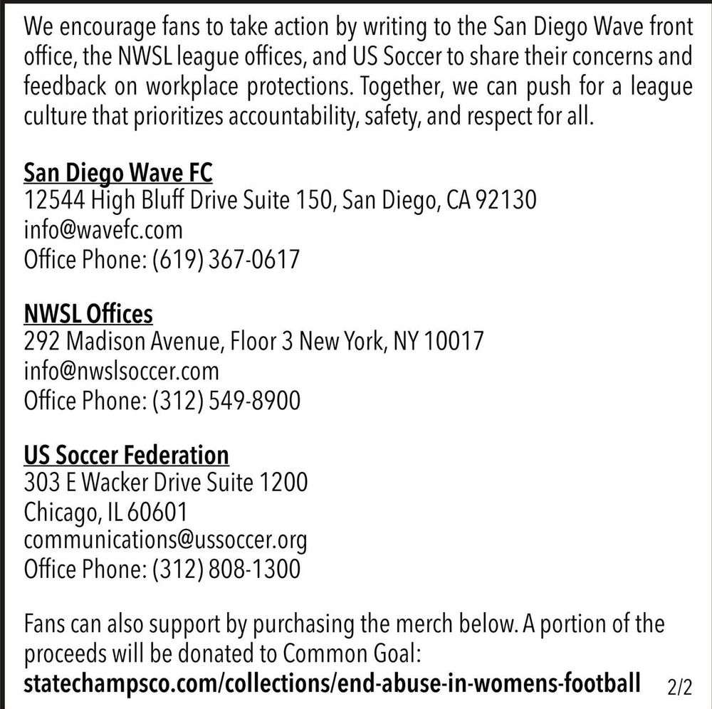 Resources to reach out to representatives at the San Diego Wave Front Office, NWSL Offices, and US Soccer Federation to share your concerns on workplace protections.