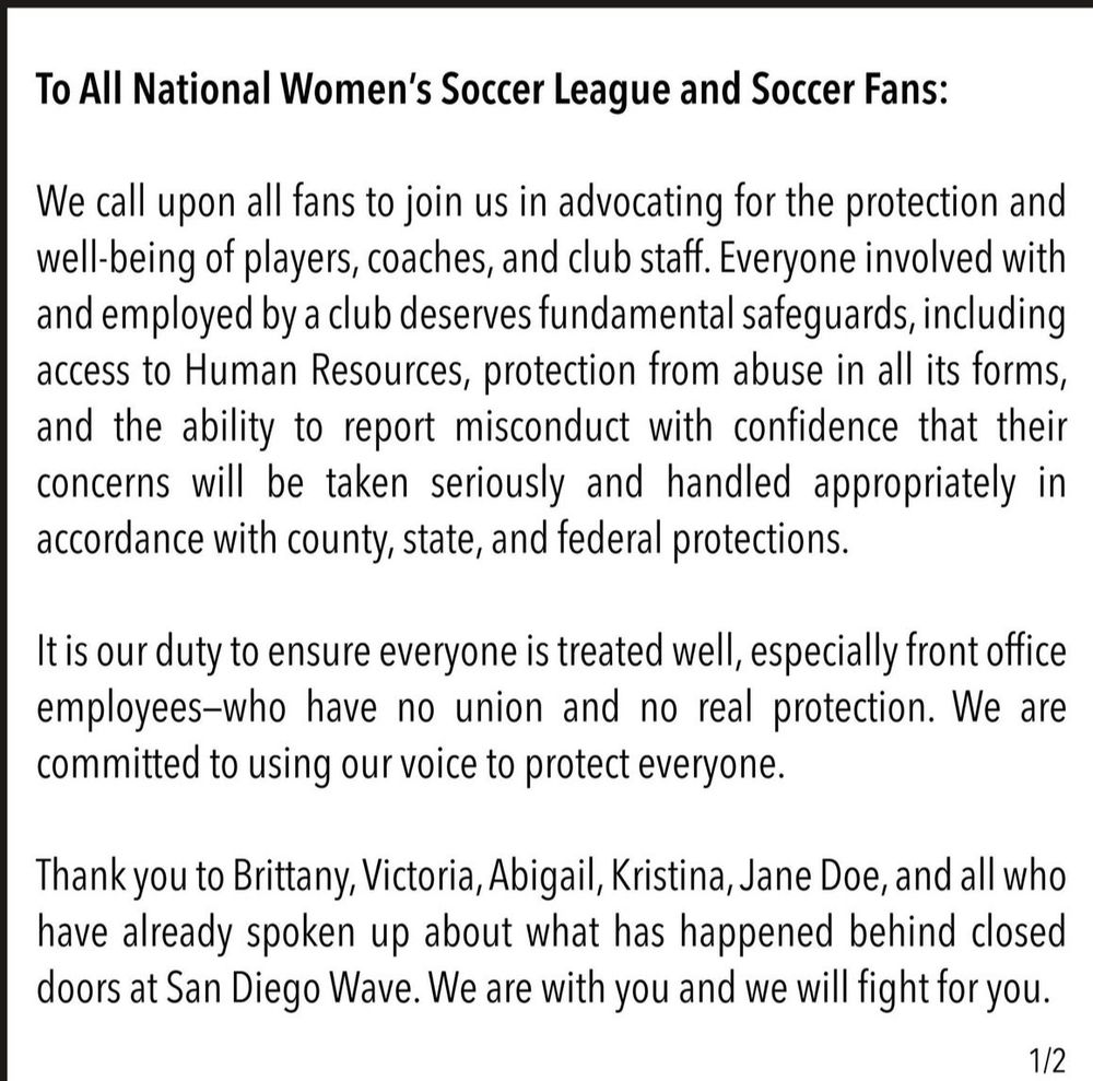 A call to action to protect players, coaches, and club staff of NWSL team. 