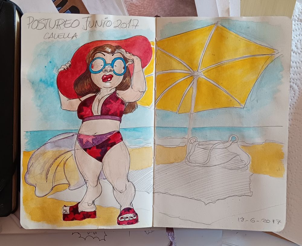Personaje femenino con pamela ,bikini , gafas de sol y pareo de gasa a la sombra de la sombrilla en la playa buscando la pose perfecta para las redes  sociales 