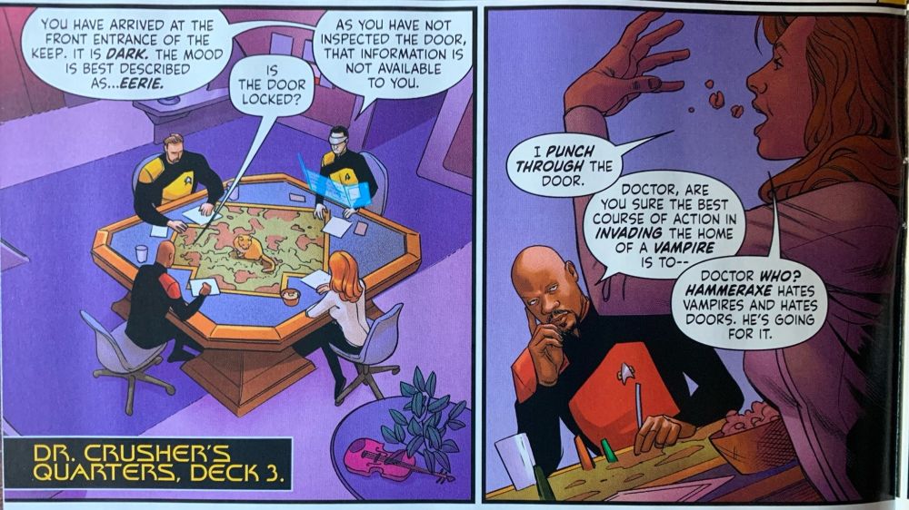 Data running a D&D campaign for Beverly Crusher, Captain Sisko, and Shax. Spot is lounging on the map. 