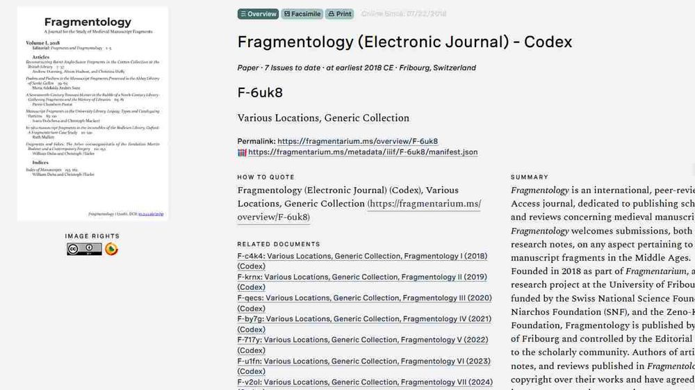 A screenshot of a page from the platform Fragmentarium showing an entry for the Online, Open Access Journal Fragmentology. In the top left is a thumbnail of the table of contents for Issue 1 (2018), with a CC-BY image rights statement below it. In the center is the title "Fragmentology (Electronic Journal) - Codex, with a list of the issues, and on the right, clipped is a summary of the journal. Please submit.