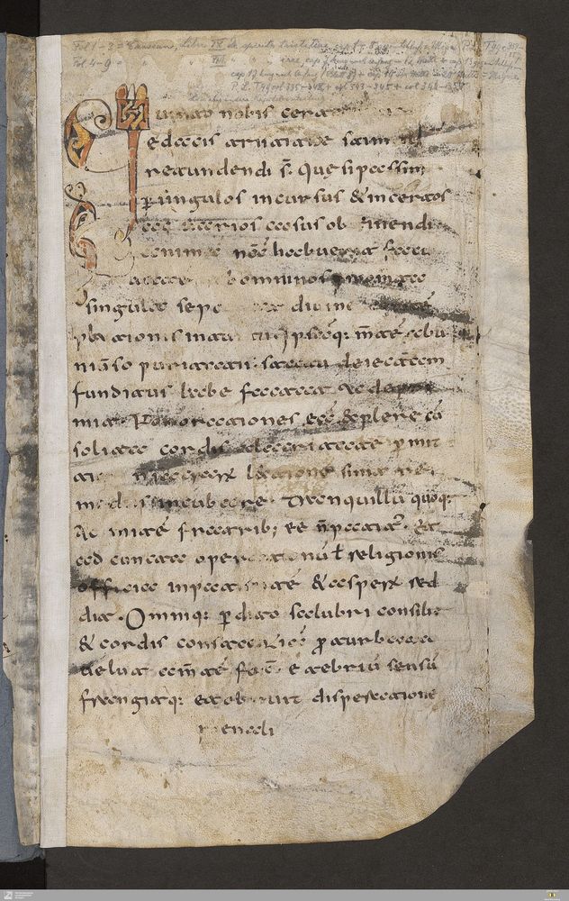 [F-pp5u] Stuttgart, Württembergische Landesbibliothek, Cod. Don. B III 13: Iohannes Cassianus, De institutis coenobiorum (Fragment). A leaf with a single column of 23 lines in Rhaetian minuscule: it kinda looks like a Northern Beneventan. There is an ornate initial I.