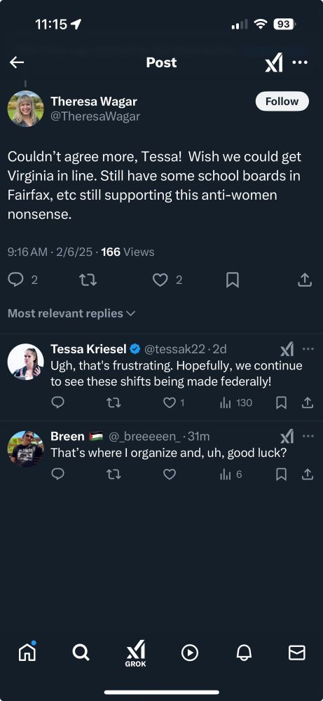 Tessa's heart. A tweet of her agreeably replying to someone agreeing with her anti-trans post. 