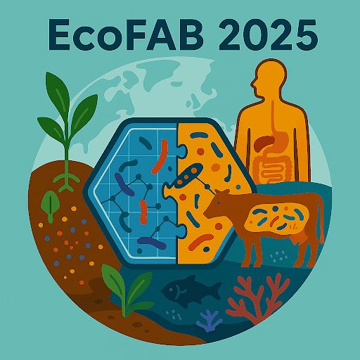 Illustration for EcoFAB 2025 featuring a blend of nature and technology with elements like plants, a human figure, farm animals, aquatic life, and agricultural landscapes, encased in geometric shapes.