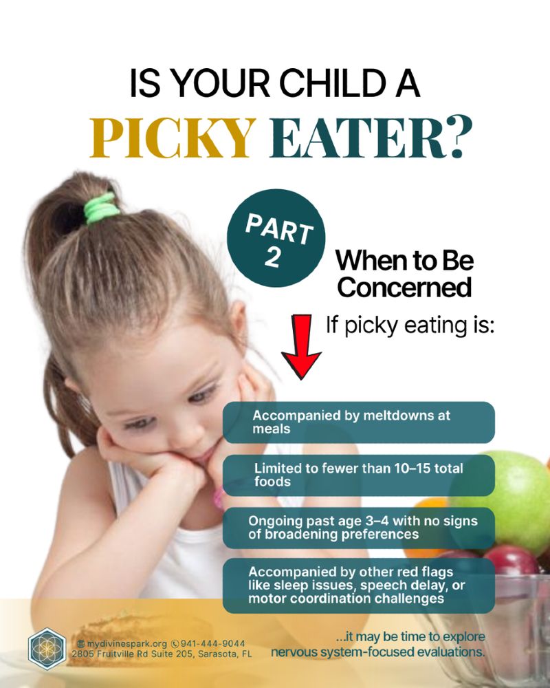 Sad child sitting at a table with hands on chin, showing signs of picky eating. A few fruits are placed nearby but left untouched. Text overlay reads: “Is Your Child a Picky Eater? Part 2 – When to Be Concerned: meltdowns at meals, eating fewer than 10–15 foods, ongoing issues past age 3–4, or signs like sleep problems, speech delays, or motor challenges. Consider nervous system-focused evaluations.