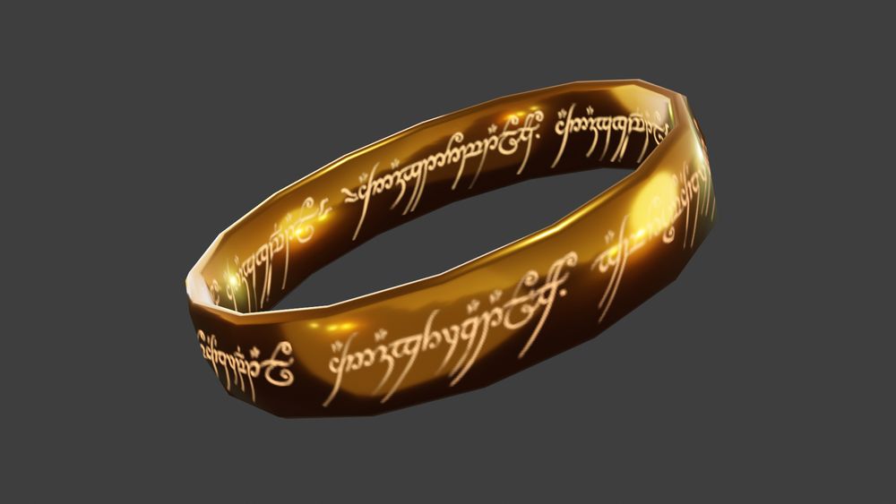 A model of the one ring from lord of the rings on a grey background. The elvish inscription on the inside and outside glows. 