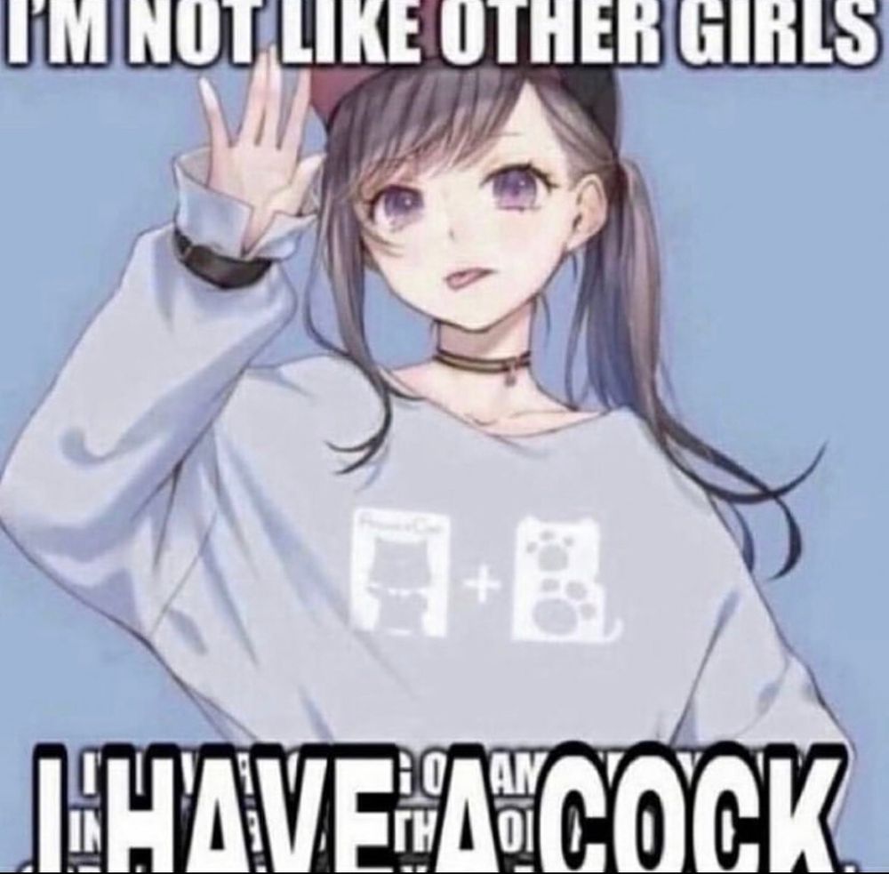 A picture of an anime girl sticking her tongue out and raising her hand it has the following captions: 
