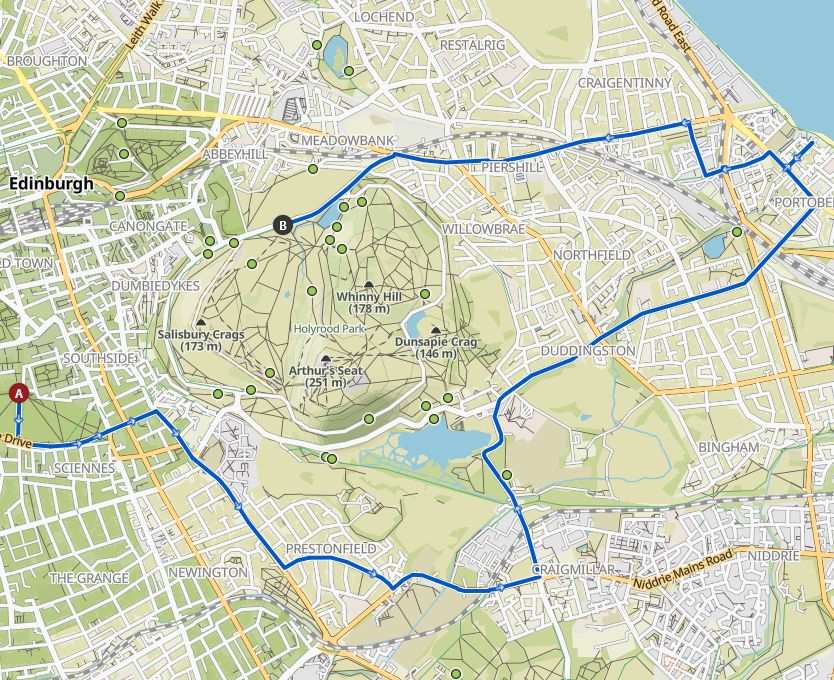 Route map from the Meadows around through Craigmillar to Portobello, and back around to Holyrood Park.