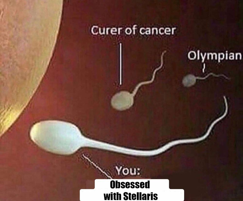 3 Sperms swimming to an egg.

Back sperm labeled 'olympian', 2nd place sperm 'curer of cancer'.

Winner Sperm: "You: Obsessed with Stellaris"