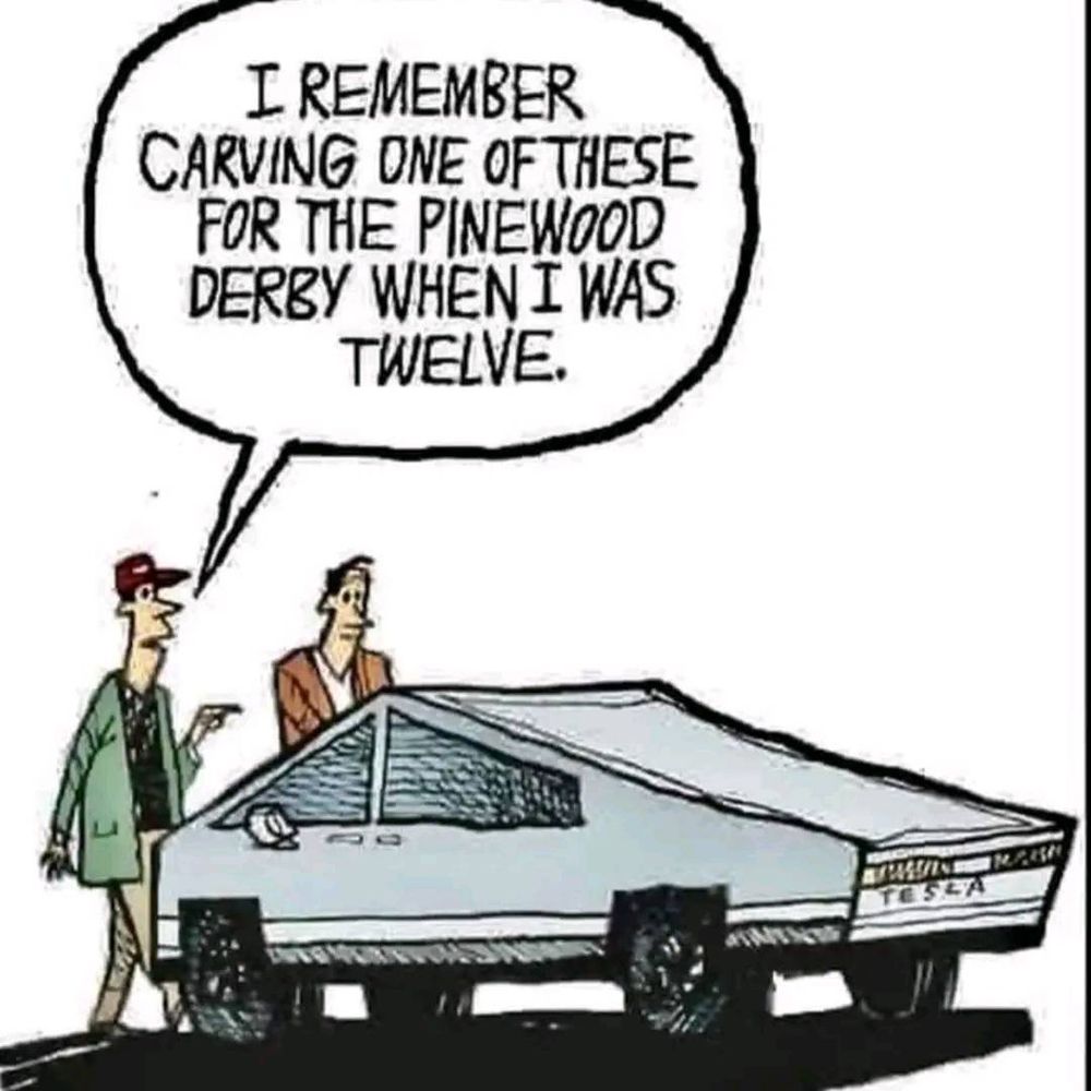 A guy says to another guy as he looks at a Tesla truck, "I remember carving one of these for the Pinewood Derby when I was 12." 