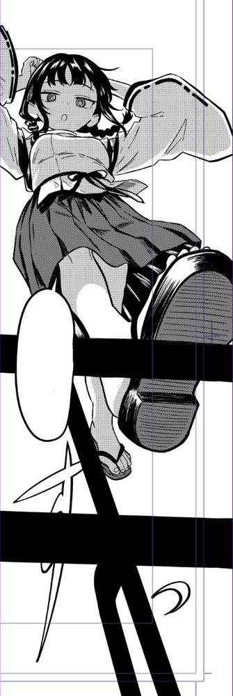 漫画のコマ。黒い髪を持つ少女が手すりの上に立っている。