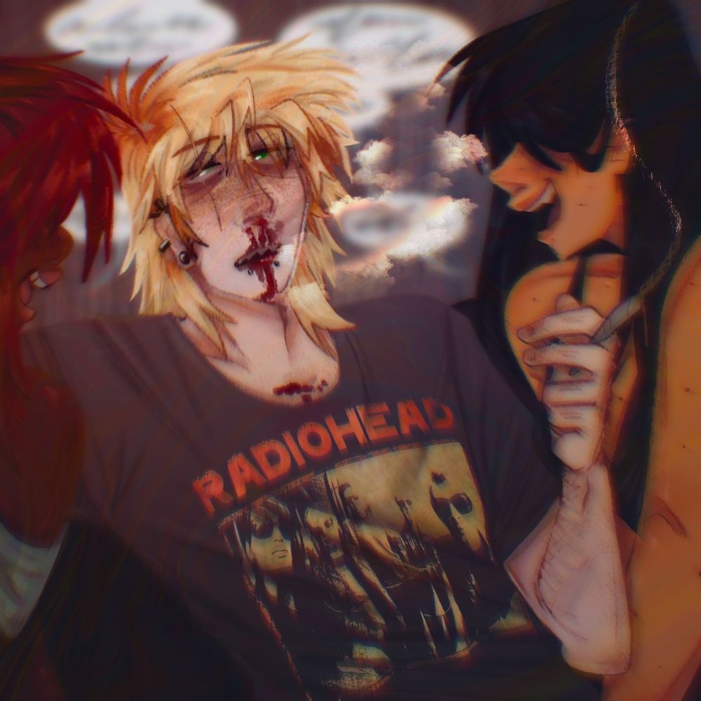 sparks is sitting in a radiohead shirt surrounded by two girls speaking & flirting with him. sparks can’t hear any of it, nose bleeding & in bliss. he is visibly on drugs