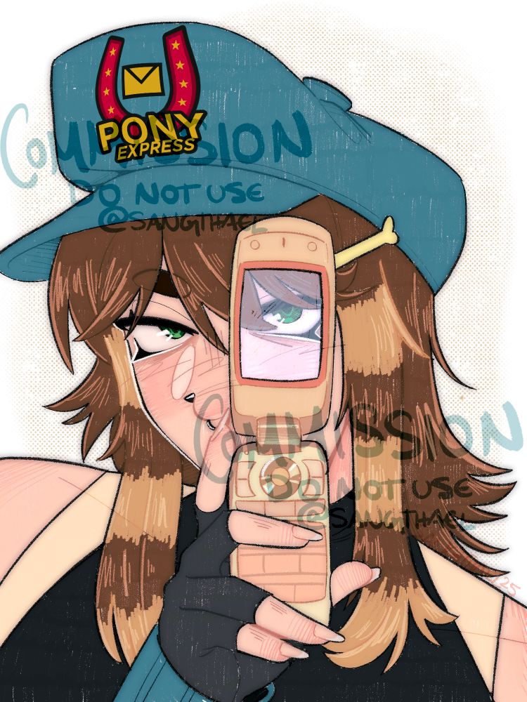 for gatchishoppo
their mouthwashing oc, fitted with bleached raccoon tails and a bone pin and a hat with the mouthwashing logo, is holding a flip phone camera up to their eye. 