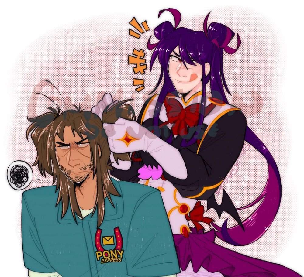for drcranesboytoy
their magical girl oc very excitedly puts jimmys, from mouthwashing and whom is very grumpy, hair into pigtails