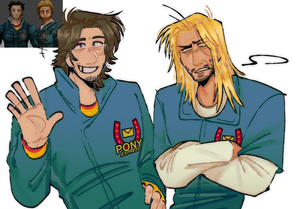 curly and jimmy from mouthwashing, except their hair colors are swapped. curly is brunette, and jimmy is a bright blonde who needs purple shampoo stat 