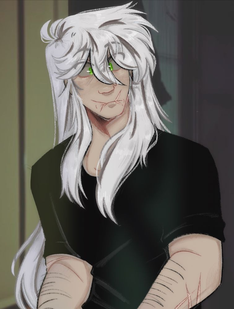 spencer is a pale man with long white hair, streaks of brown roots peaking through and various scars across his arms. there are scars in the shape of an ‘X’ over his mouth. he appears surprised. 