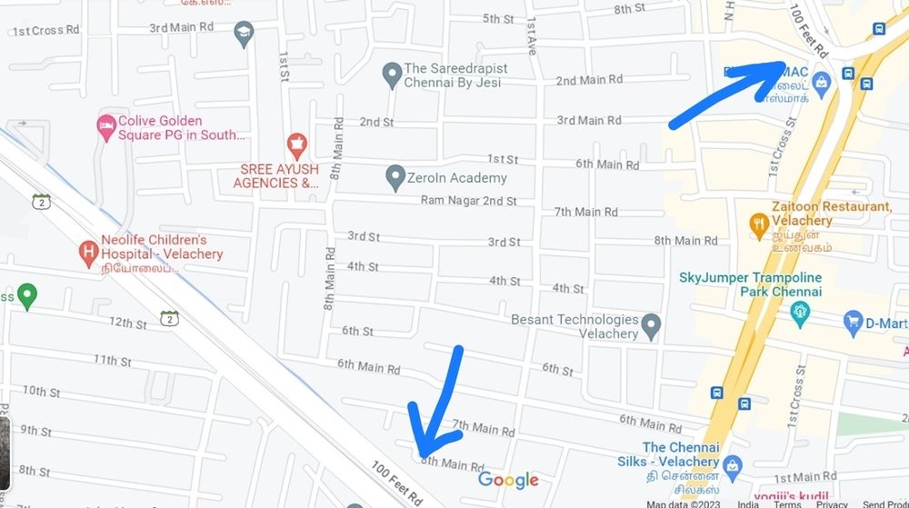 Map showing 2 roads near each other, both named "100 feet road"