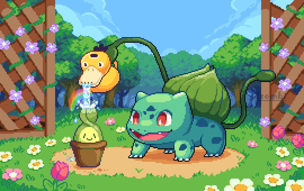 A pixel art rendition of Bulbasaur watering a Budew in a garden of flowers.