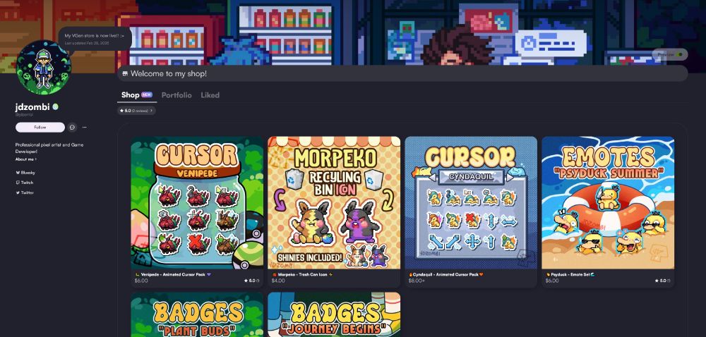 A screenshot of my vgen store showing various Pokemon Pixel items for sale. Twitch Sub Badges, Emotes, Desktop Icons, and Mouse Cursors are shown.