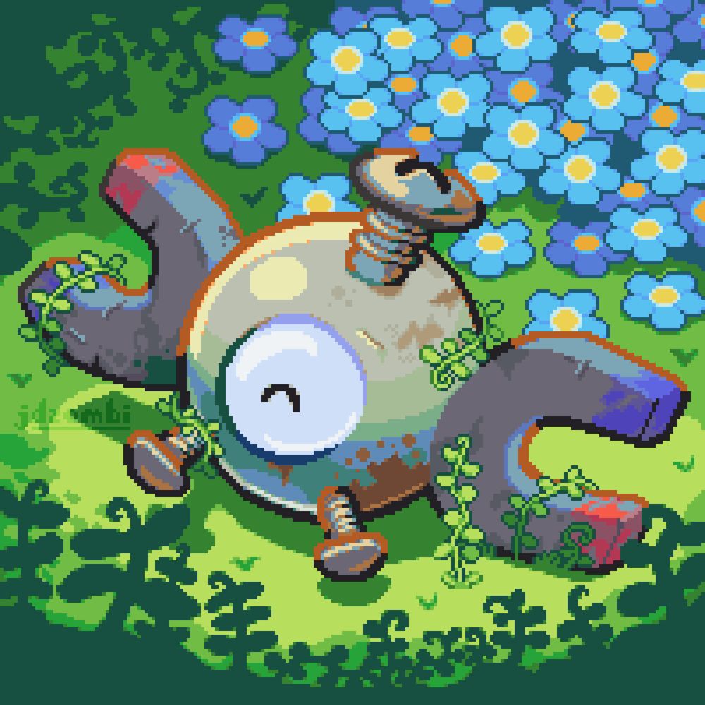 A pixel art rendition of a magnemite sleeping in a field of vines and flowers. It is rusted, basking in the sun, with a happy expression. Forget-me-nots are growing in the corner.