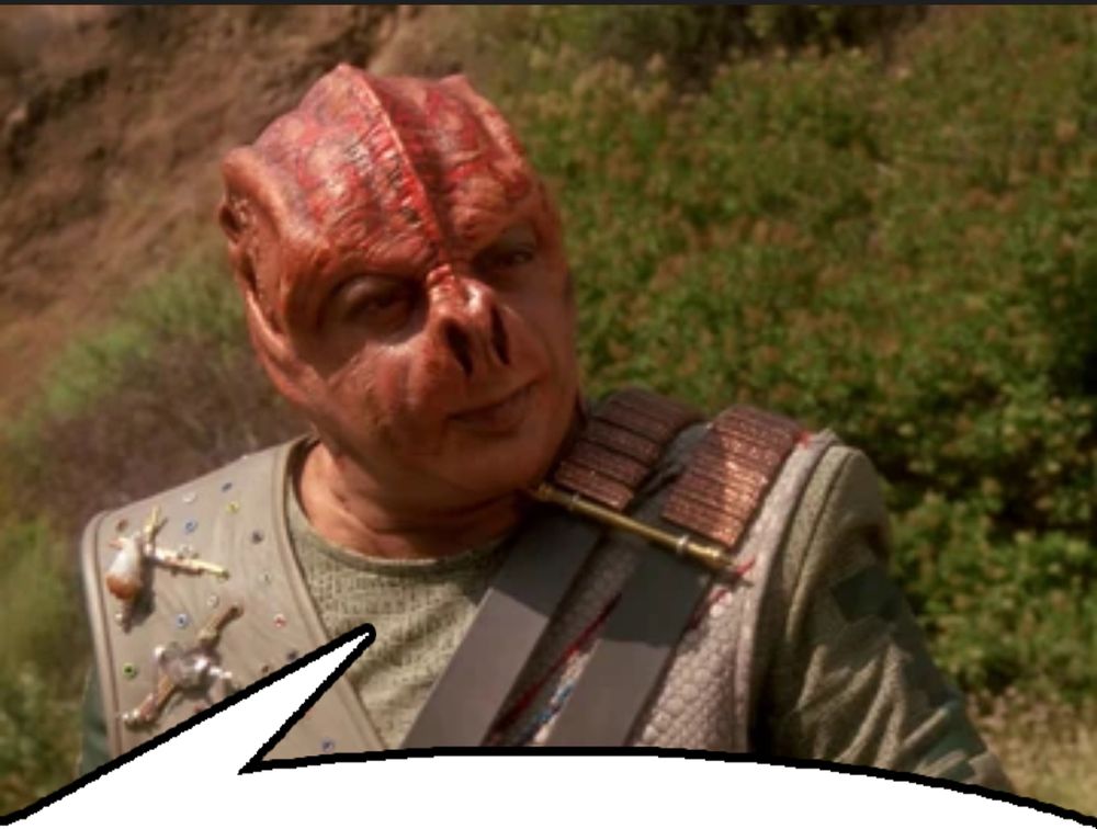 Tamarian with a speech bubble underneath encompassing the reskeeted text