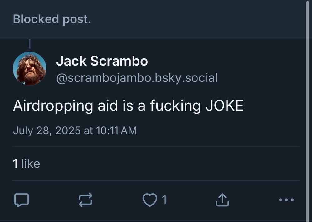 My initial reply about airdropping aid being a sick joke, showing that Mike blocked me 5 seconds after I posted