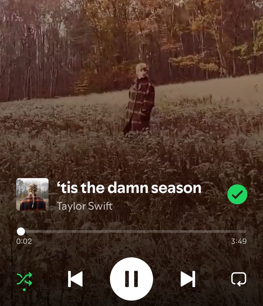 A screen shot of ‘tis the damn season by Taylor Swift playing on Spotify 