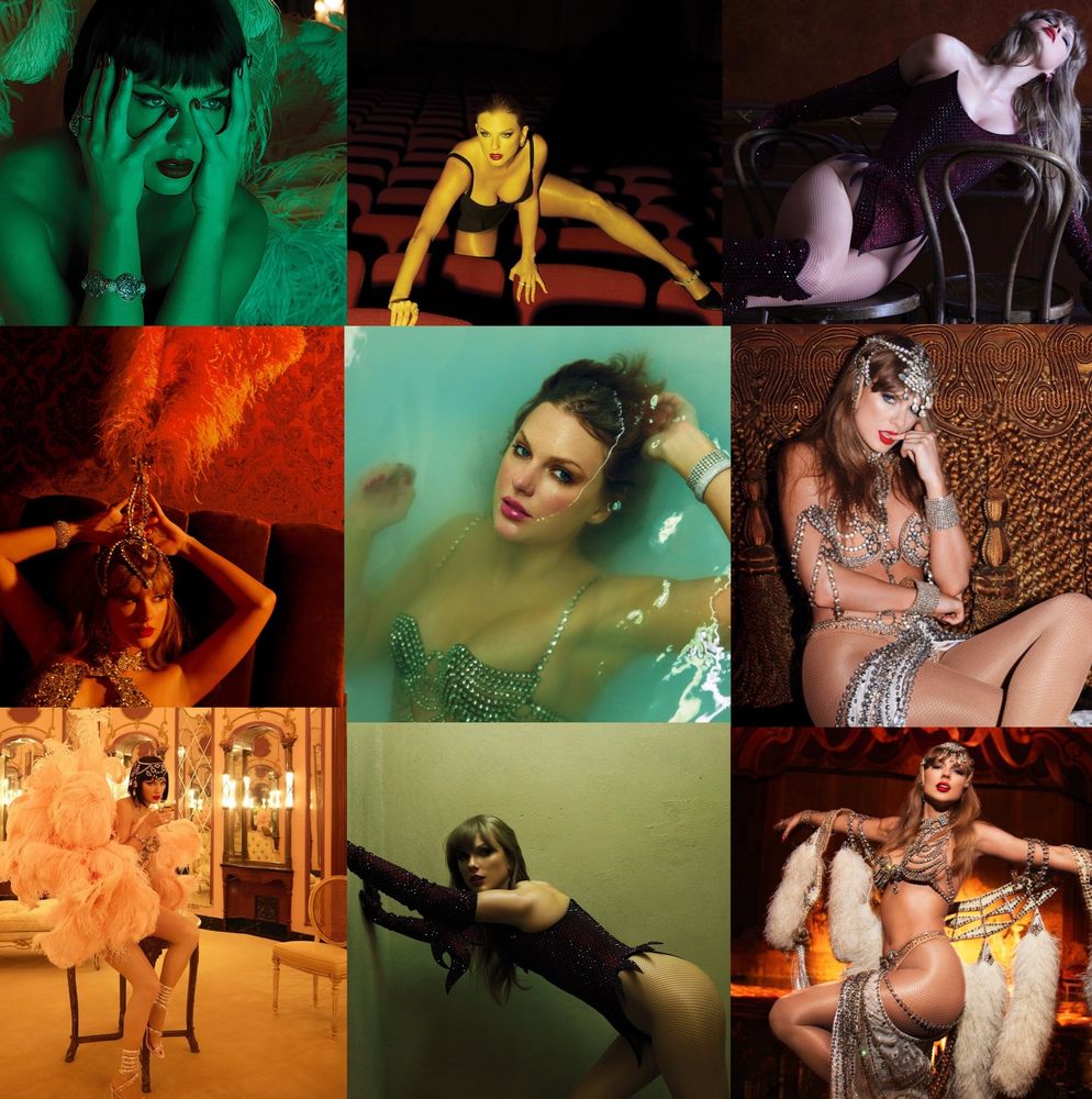 A collage of photos of Taylor Swift from “The Life of a Showgirl” photoshoot 