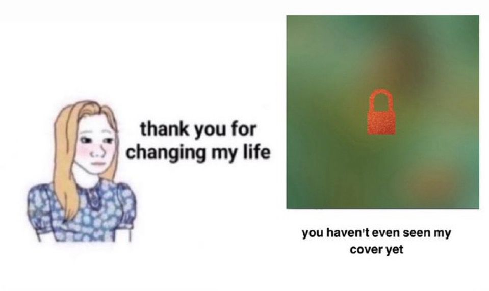 a meme with a girl that says “thank you for changing my life” and then a square with a green background and an orange lock with a caption you haven’t even seen my cover yet” 