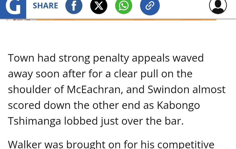 Screen shot of the Grimsby telegraph website showing the write up of Grimsby Town Vs Crawley Town. The text reads "Town had strong penalty appeals waved away soon after for a clear pull on the shoulder of McEachran, and Swindon almost scored down the other end as Kabongo Tshimanga lobbed just over the bar."