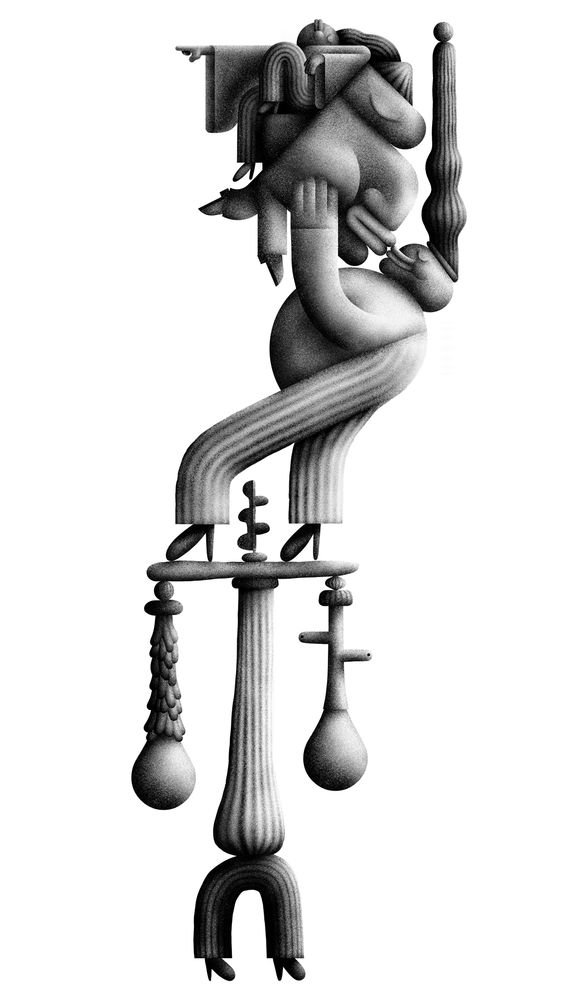 Black and white illustration of two characters kissing, suspended on an abstract sculpture. Bonus pointing character at the top