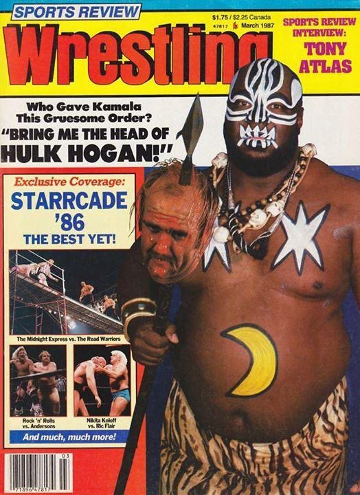 Scan of the front cover Sports Wrestling Review magazine from March 1987. Image shows the pro wrestler Kamala in full tribal face and body paint with the decapitated head of Hulk Hogan on a spear. Text reads, “Who gave Kamala this gruesome order? ‘Bring me the head of Hulk Hogan!’l
