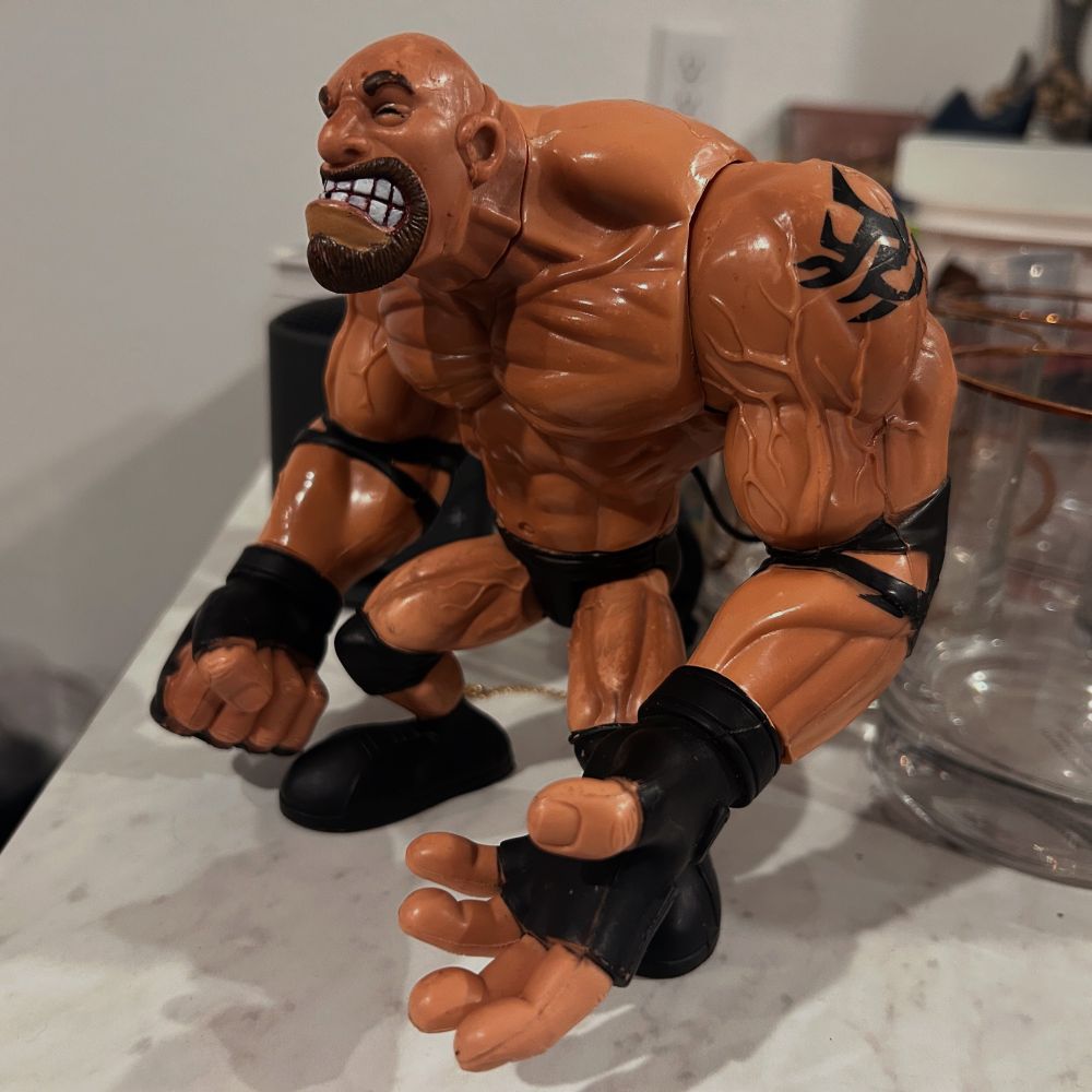 Image is of a Bill Goldberg wrestling action figure juiced to the fucking gills, standing on top of a kitchen counter.