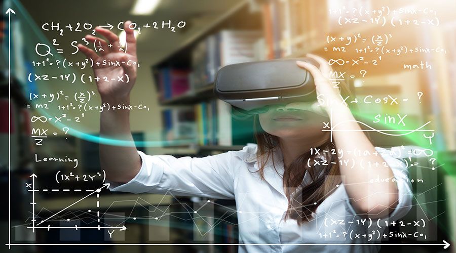 A board with graphs and numbers with a person wearing a VR headset