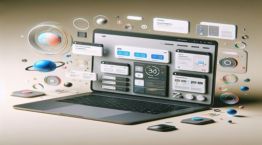 Logo featuring a laptop with windows and shapes floating around it