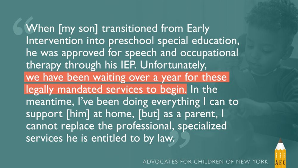 "When [my son] transitioned from Early Intervention into preschool special education, he was approved for speech and occupational therapy through his IEP. Unfortunately, we have been waiting over a year for these legally mandated services to begin. In the meantime, I’ve been doing everything I can to support [him] at home, [but] as a parent, I cannot replace the professional, specialized services he is entitled to by law."