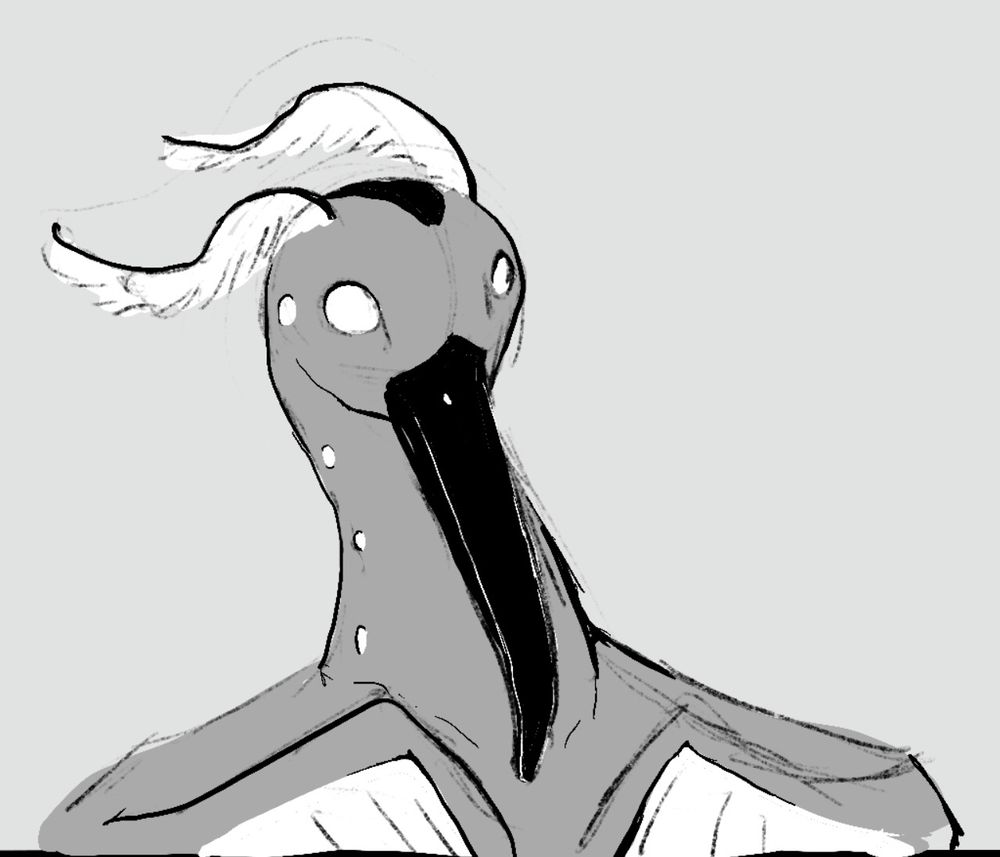 A bird looks forward, its beak down. While its eyes are white and soulless, it holds its neck in an elegant pose with feather feelers like a moth on top of its head. It stares off to the right of the screen as if watching something