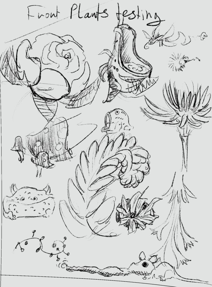 A selection of plants, one looks like a rose, another looks like a spotted mushroom. One is a furn, curling in a soft and fluffy way, another is a thistle based flower, one looks like a jugplant attracting a mosquito. Then there's a daisy-style flower and a christmas-lights style plant. Some fauna depicted is a bird with outward bugged out eyes and a squiggly beak. There's a toad with horns. There's a gaping frog, and then there's a rat with an obscenely overly long and sniffing nose sniffing the Christmas tree lights. They smell lovely!
