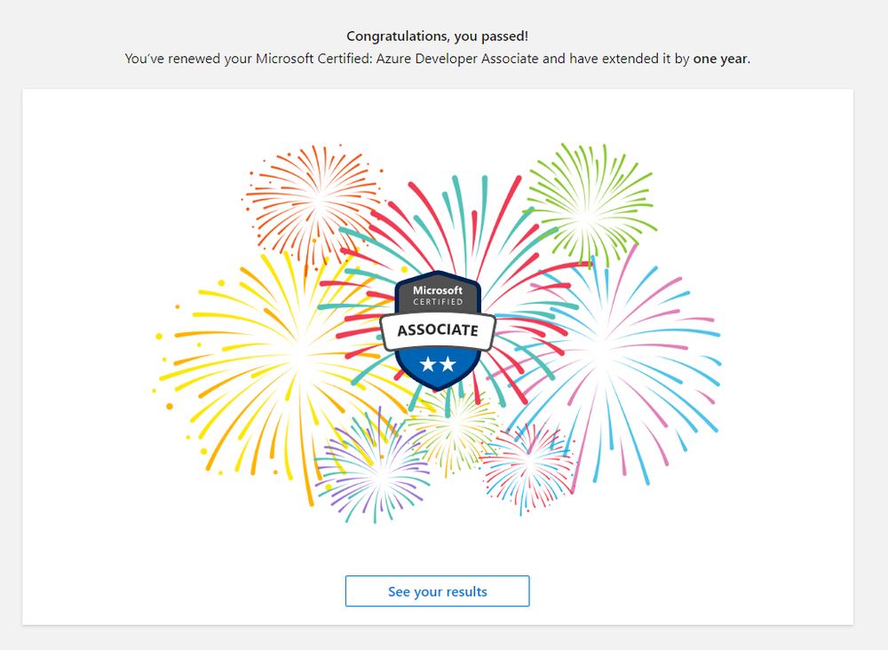 Screenshot of Passing the Azure Developer Renewal test