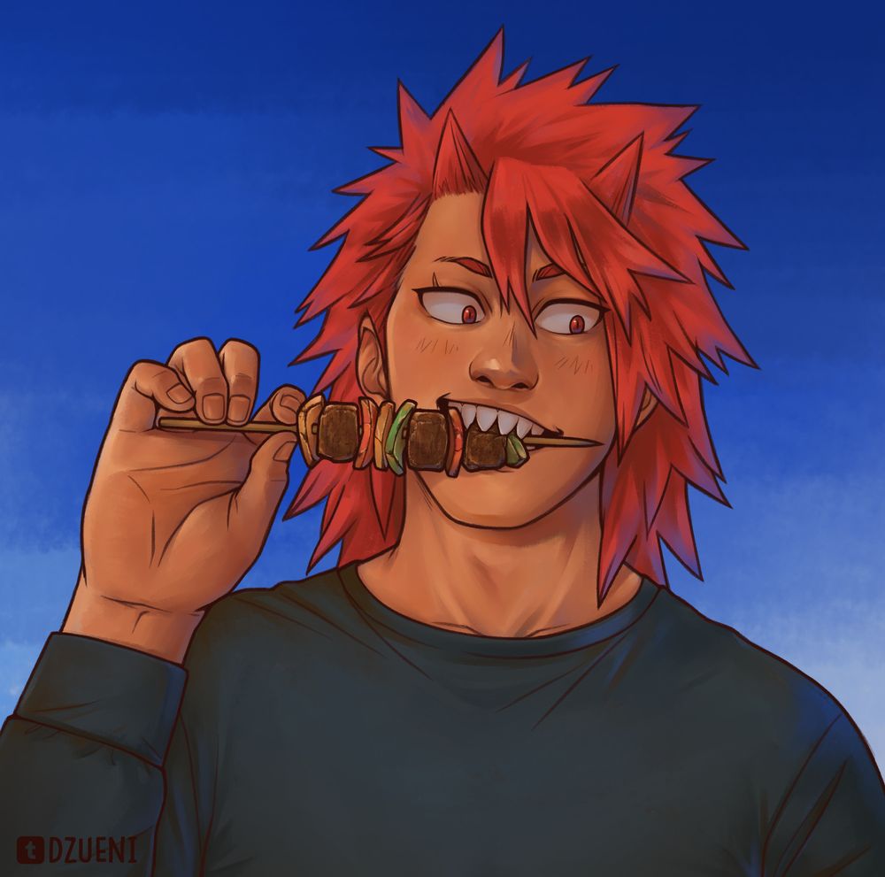 Kirishima eats a beef and pepper kebab.