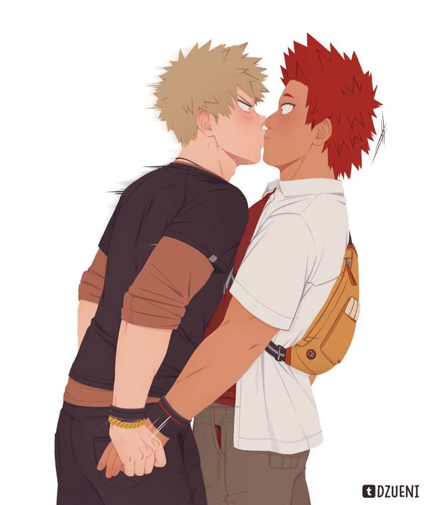 Bakugo aggressively pecks Kirishima on the mouth.