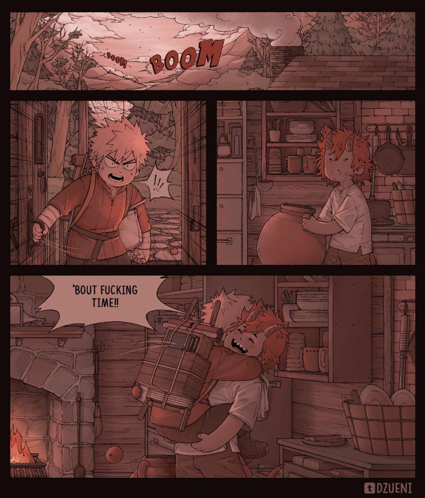 A 4-panel comic. Bakugo jumps to hug dragon Kirishima, who has just barely woken up from hibernation.