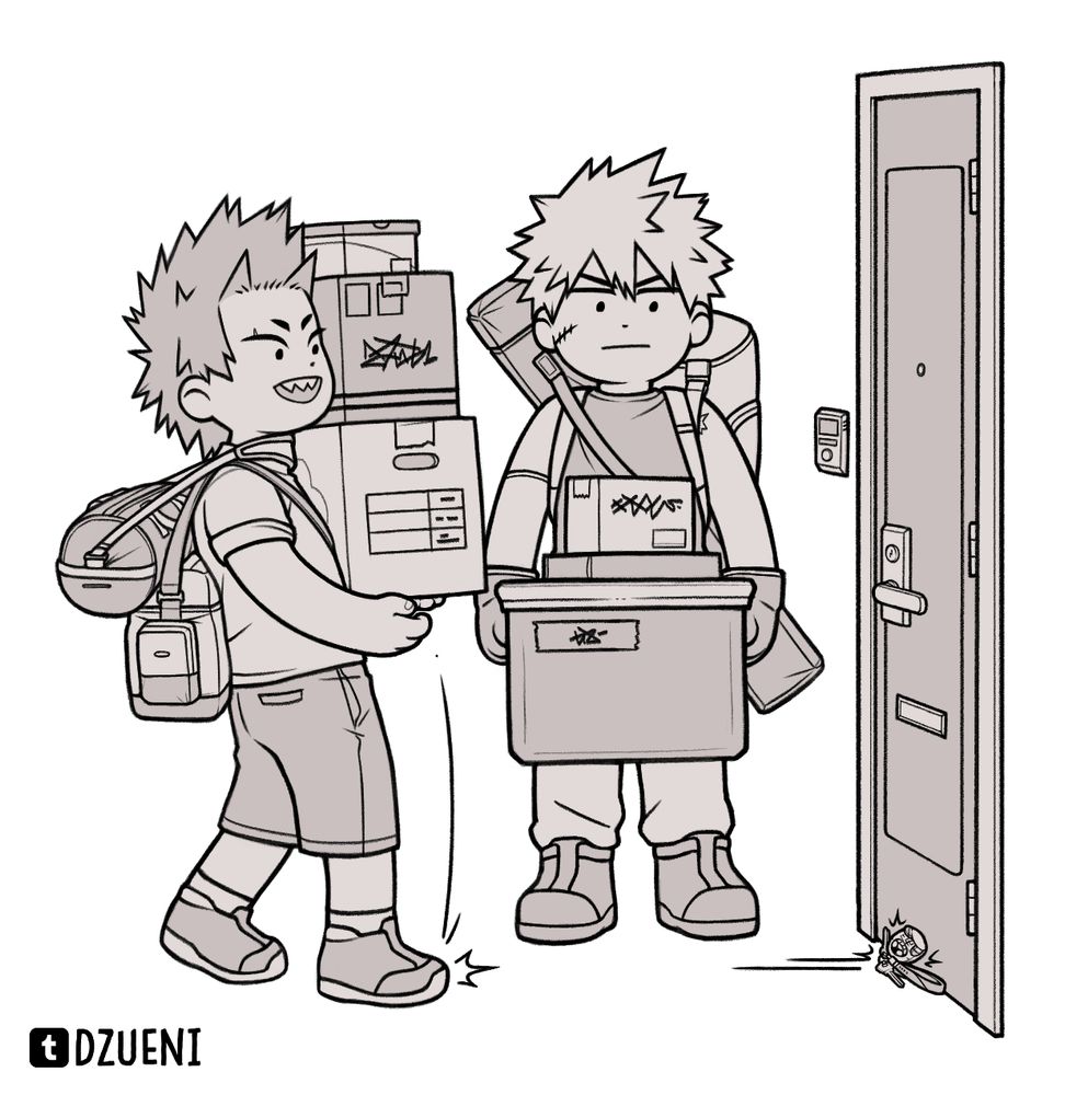 Kirishima accidentally drops his keys and kicks them into his locked front door while Bakugo stares blankly. Both are carrying multiple boxes and bags.