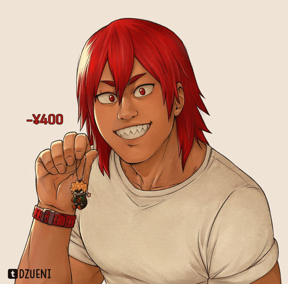 Kirishima holds up a Dynamight keychain he got from a gashapon machine for 400 yen.