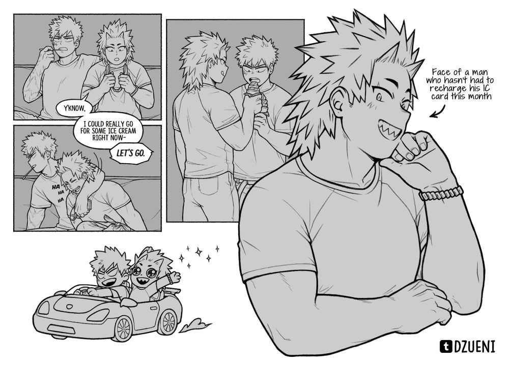 A collage of Kirishima and Bakugo's driving related adventures.